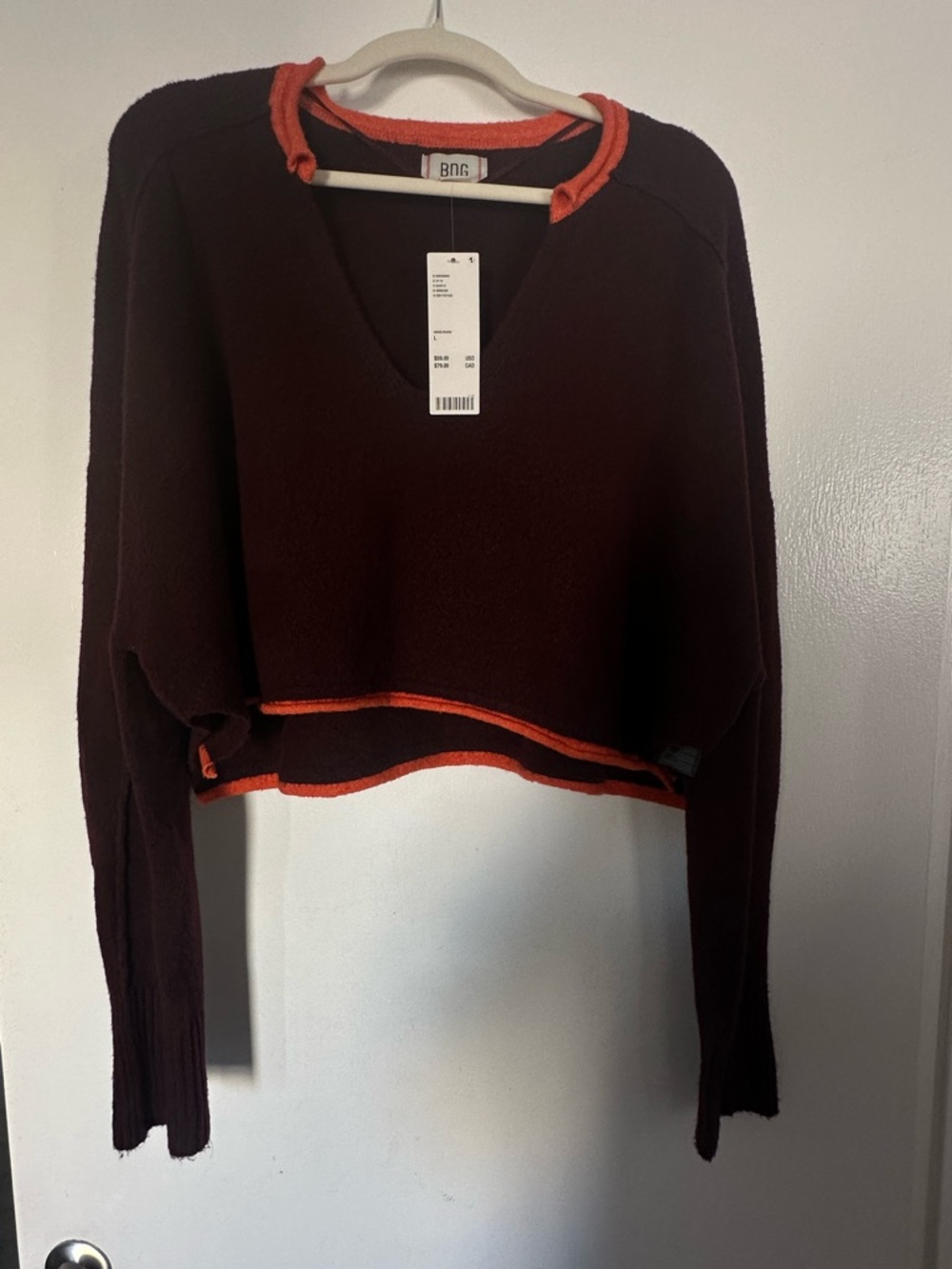 Urban Outfitters Cropped Sweater in Dark Burgundy with Orange Trim
